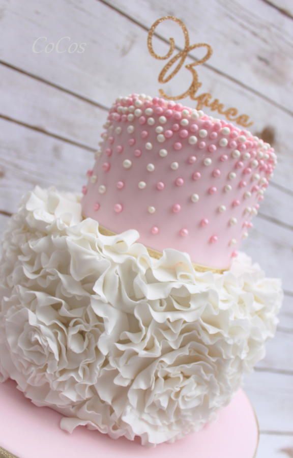 زفاف - Pink And White Pearl Rose Ruffle Cake