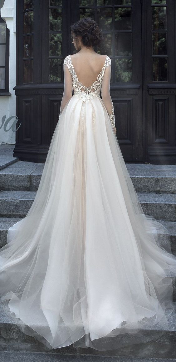 زفاف - Sheer Long-Sleeve Tulle Ballgown Wedding Dress