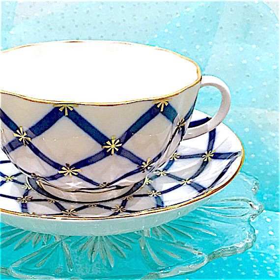 زفاف - Cobalt Blue Tea Cup And Saucer, Antique Tea Cup, Blue White Teacup Set, St. Petersburg Russia, Vintage China