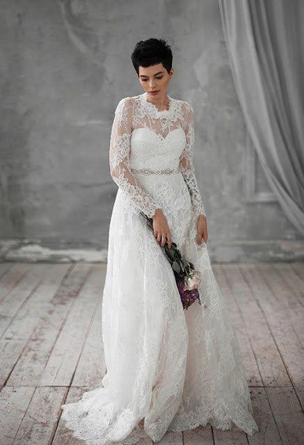 Wedding - Kifi / Vintage Long Silk Wedding Dress Viscose Lace With Floral Pattern Long Lace Sleeves Bridal Gown Lace Dress For Wedding 100% Handmade