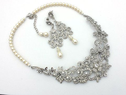 Wedding - NICOLA - Vintage Inspired Rhinestone And Swarovski Pearl Bridal Chandelier Earrings And Necklace Set