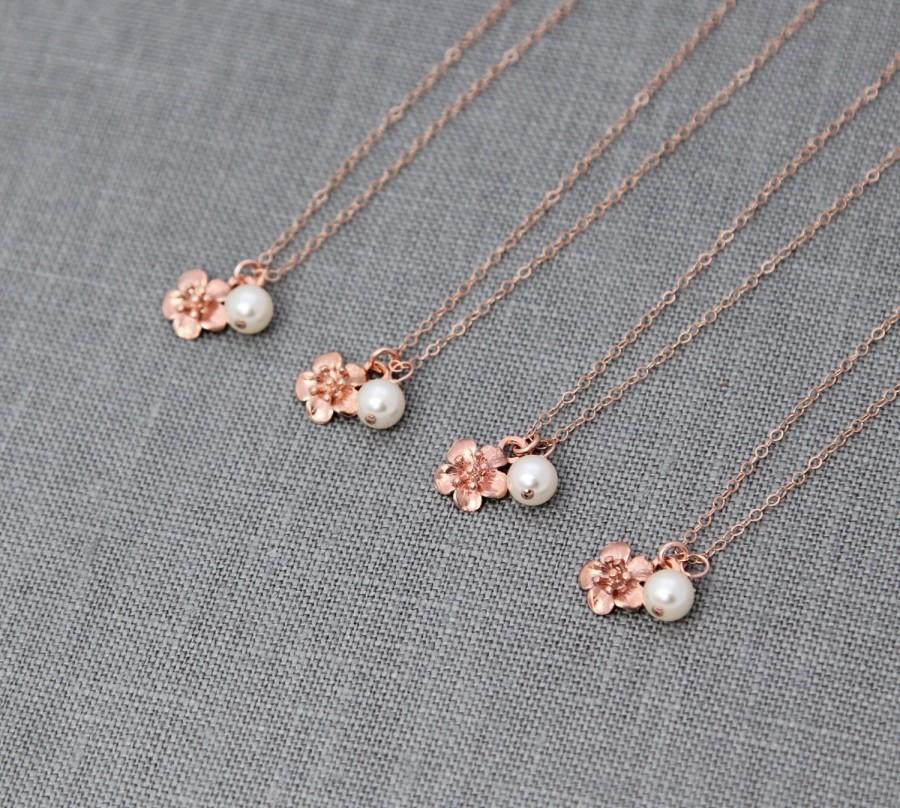 Wedding - Rose Gold Bridesmaid Necklace, Bridesmaid Gift Set of 4, Bridesmaid Necklace Rose Gold Flower Jewelry
