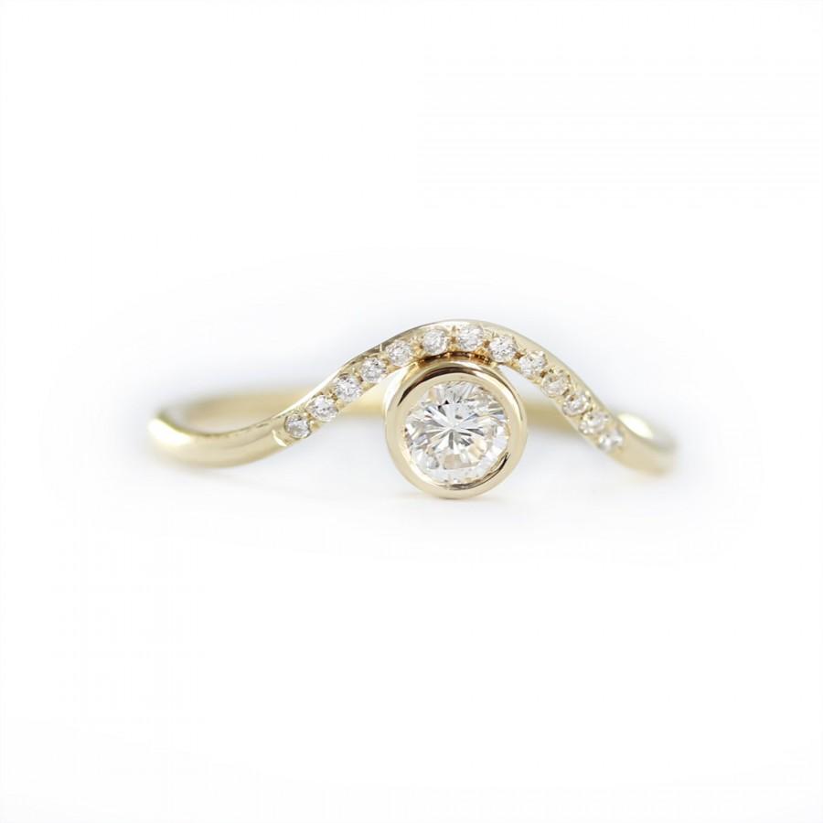 Wedding - Diamond Curved Engagement Ring,Diamond wave Engagement Ring,Diamond Engagement Ring With Micropave diamonds Crown