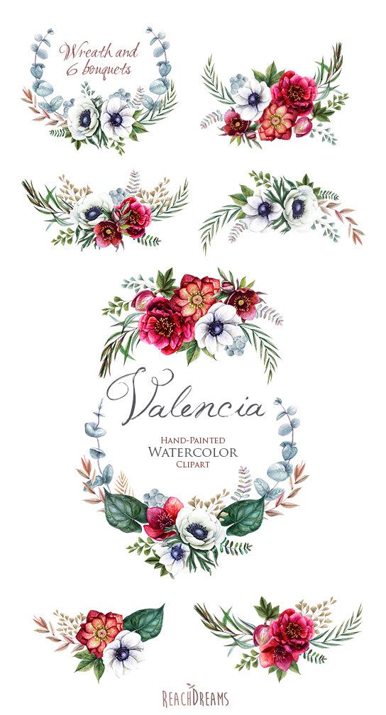 زفاف - Wedding Watercolor Wreath & Bouquets, Helleborus Flowers, Anemone, Eucalyptus, Hand Painted Clipart, Floral Invitations, Greeting Card