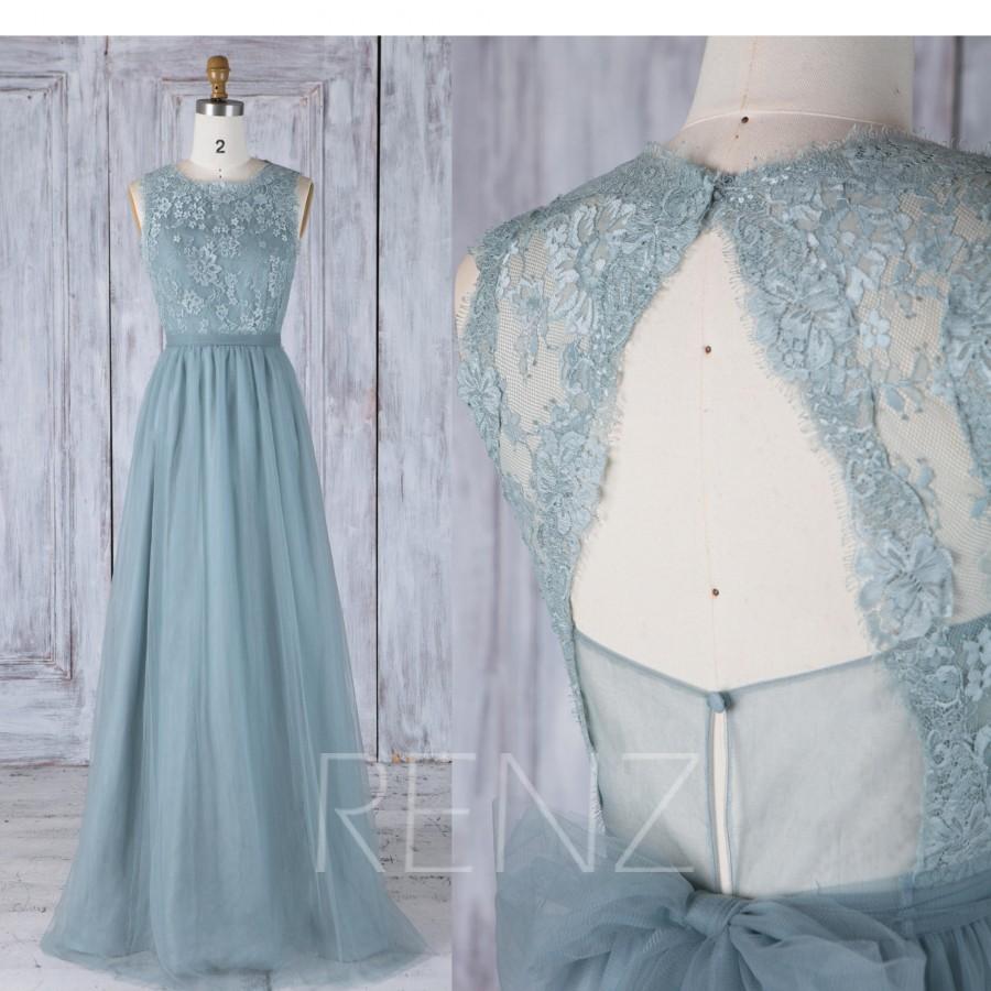 Hochzeit - 2017 Dusty Blue Tulle Bridesmaid Dress A Line, Scoop Lace Neck Wedding Dress, Hole Back Prom Dress with Detachable Belt Floor Length (LS311)