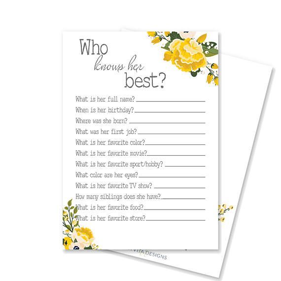 Wedding - Who Knows Her Best Printable Bridal Shower Game 
