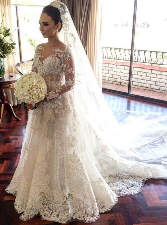 زفاف - Glamorous Bateau Long Sleeves Court Train Lace Wedding Dress With Pearls