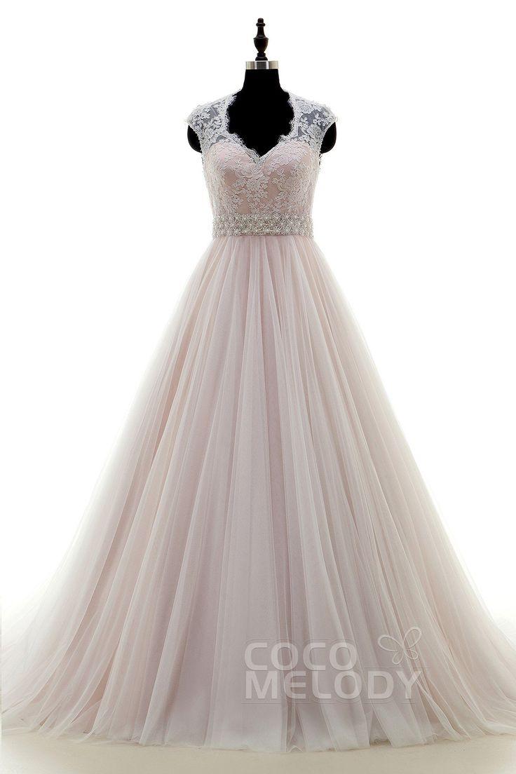 Wedding - Classic A-Line V-Neck Court Train Tulle And Lace Ivory/Veiled Rose Sleeveless Wedding Dress With Appliques Beading And Sashes LWWT15019
