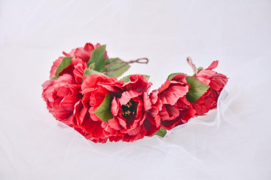 Свадьба - red flower crown, red rose crown, rose flower crown, red rose headband, red floral crown, rose crown, red rose headpiece - POLLY