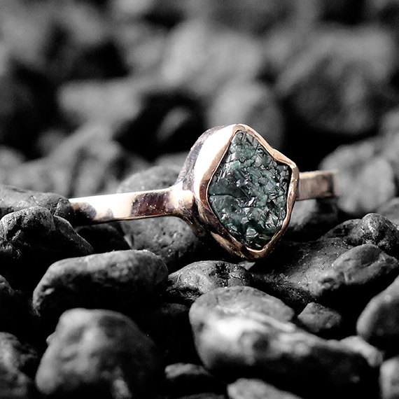 Hochzeit - Green Diamond Ring 14k Rose Gold Delicate Engagement Rings