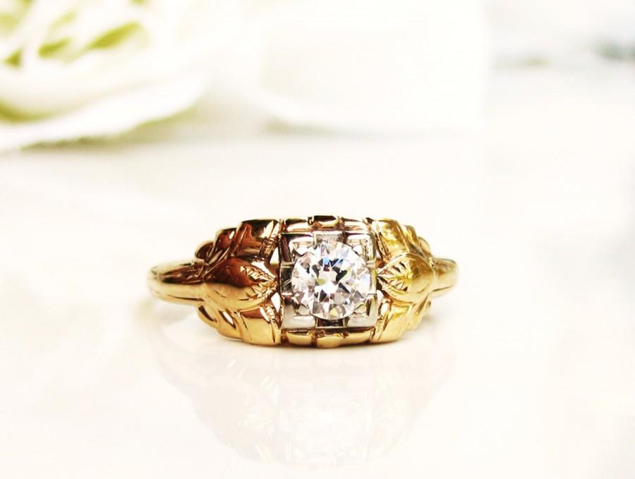 Wedding - Art Deco Engagement Ring 0.30ct Old Transitional Cut Diamond 14K Two Tone Gold Antique Diamond Wedding Ring Size 5