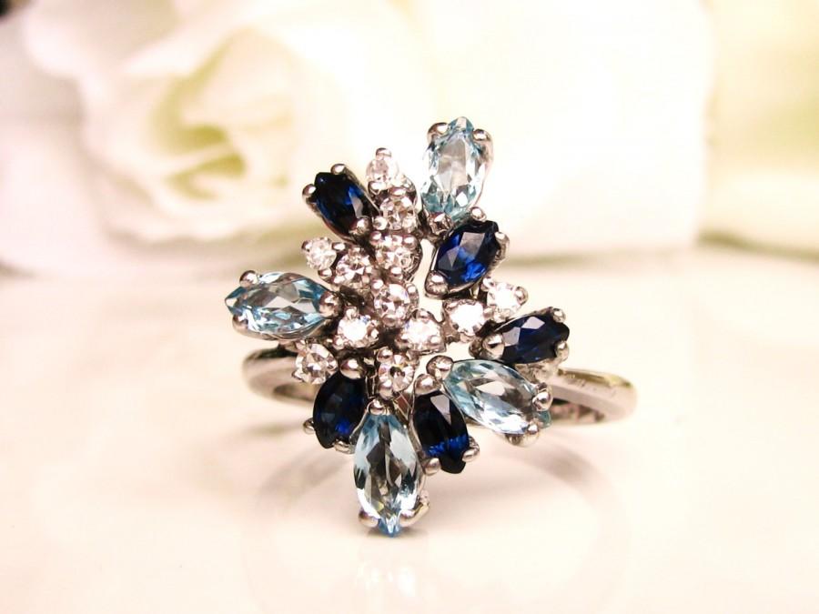 زفاف - Vintage Aquamarine Ring 1.50ctw Blue Gem Stone & Diamond Cluster Ring 14K White Gold Floral Diamond Wedding Ring Unique Engagement Ring Sz 7