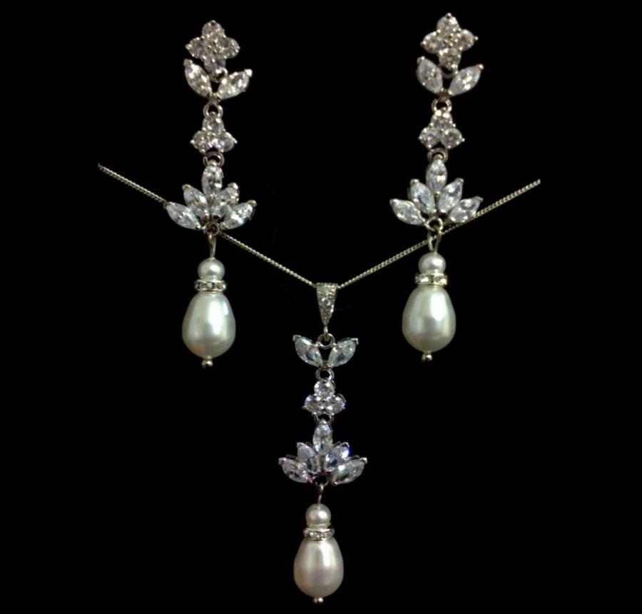 Wedding - Pearl Bridal Jewelry, Cubic Zirconia Bridal Earrings, Cz Drop Bridal Necklace, Dangle Wedding Earrings, Teardrop Wedding Jewelry, HARMONIES