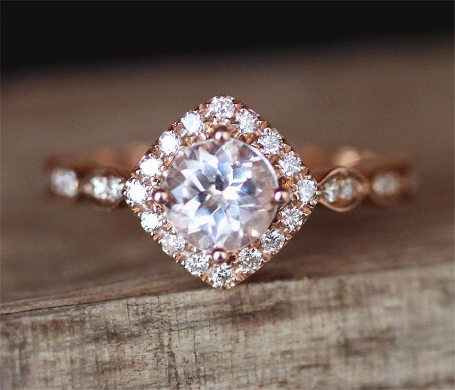 Hochzeit - Art Deco Morganite Engagement Ring VS 6mm Round Cut Morganite Ring Halo Diamonds Gemstone Ring Stackable Ring Women Ring 14K Rose Gold Ring
