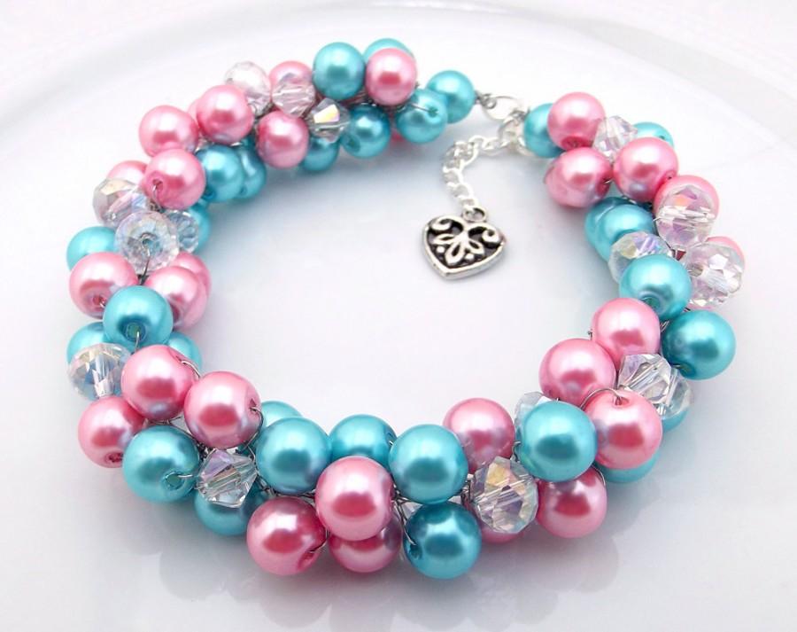 Hochzeit - Pearl Cluster Bracelet, Pink Turquoise Pearl Bracelet, Chunky Bracelet, Colorful Bridal Bracelet, Bridesmaid Jewelry