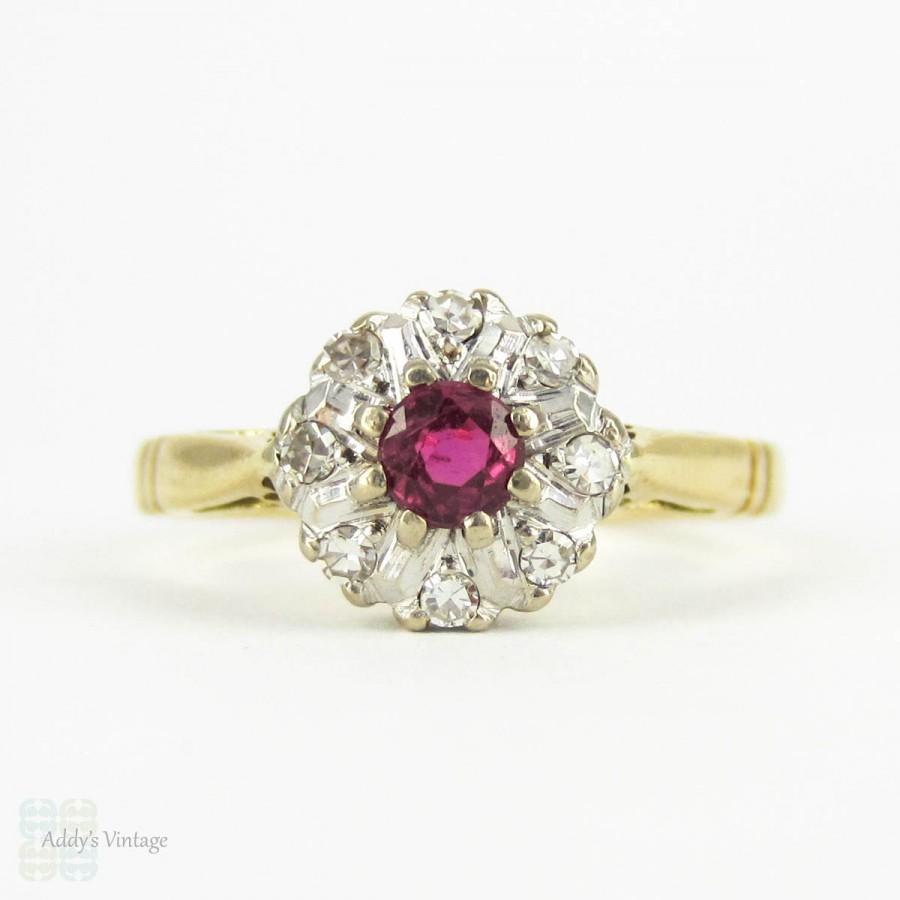 زفاف - Vintage Ruby & Diamond Cluster Ring, Claw Set Ruby with Diamond Halo in 18 Carat Gold, Circa 1960s.