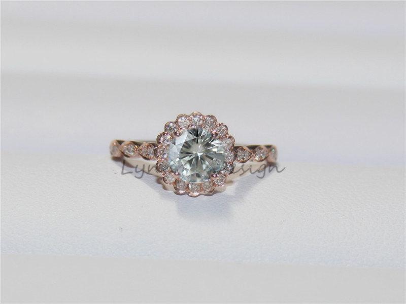 زفاف - 6.5MM Moissnite Rose Gold Ring Moissanite Wedding Ring Halo Diamond Ring Gem Stone Jewelry Floral Unique Engagement Ring