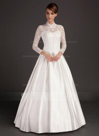 زفاف - A-Line/Princess High Neck Floor-Length Satin Wedding Dress (002015488)