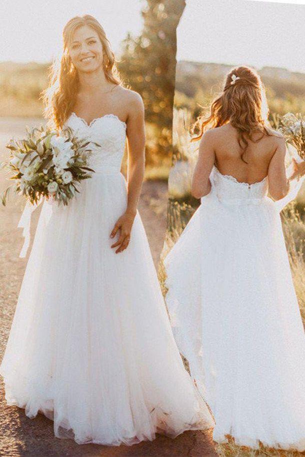 Mariage - White Wedding Dresses With Lace, Beach Sweetheart A Line Wedding Dresses M14