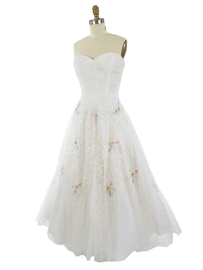 زفاف - 50s Strapless Sequined Embroidered White Tulle Gown