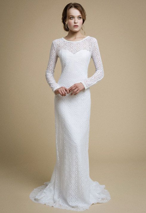 Mariage - UMELIA / Mermaid Wedding Dress Long Sleeve Wedding Dress Cotton Lace Dress White Lace Dress Long Sleeve White Dress Low Back Wedding Dress