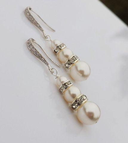زفاف - INGRID - Bridal Swarovski Pearl And Rhinestone Silver Earrings