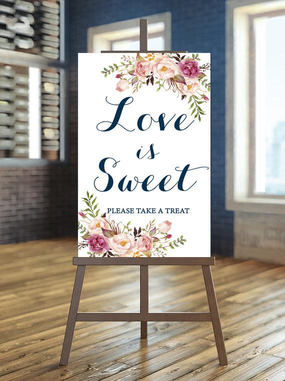 Wedding - Printable wedding treat sign, Wedding love is sweet sign, Floral wedding sign , Navy and blush wedding sign, Calligraphy favors sign, Favors