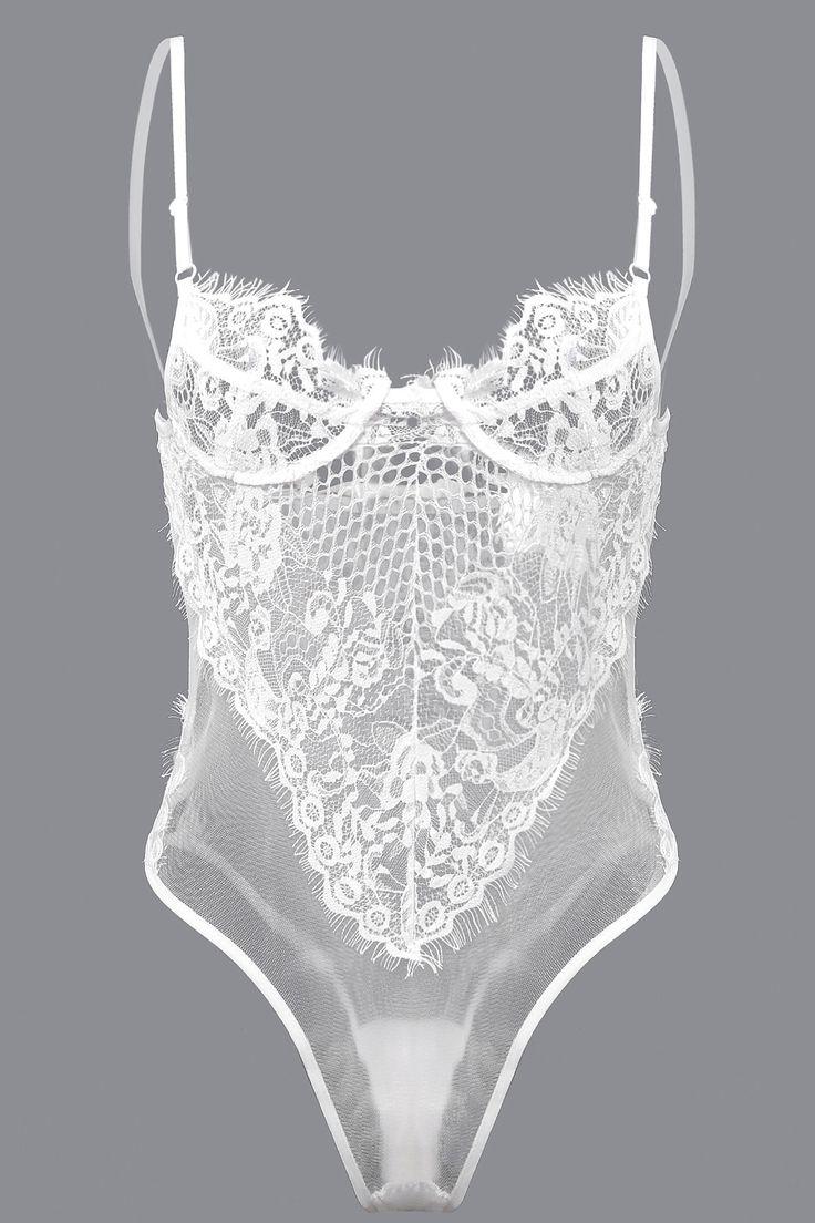 زفاف - White Sexy Lace Hollow Out See-through Bodysuit With No Falsies