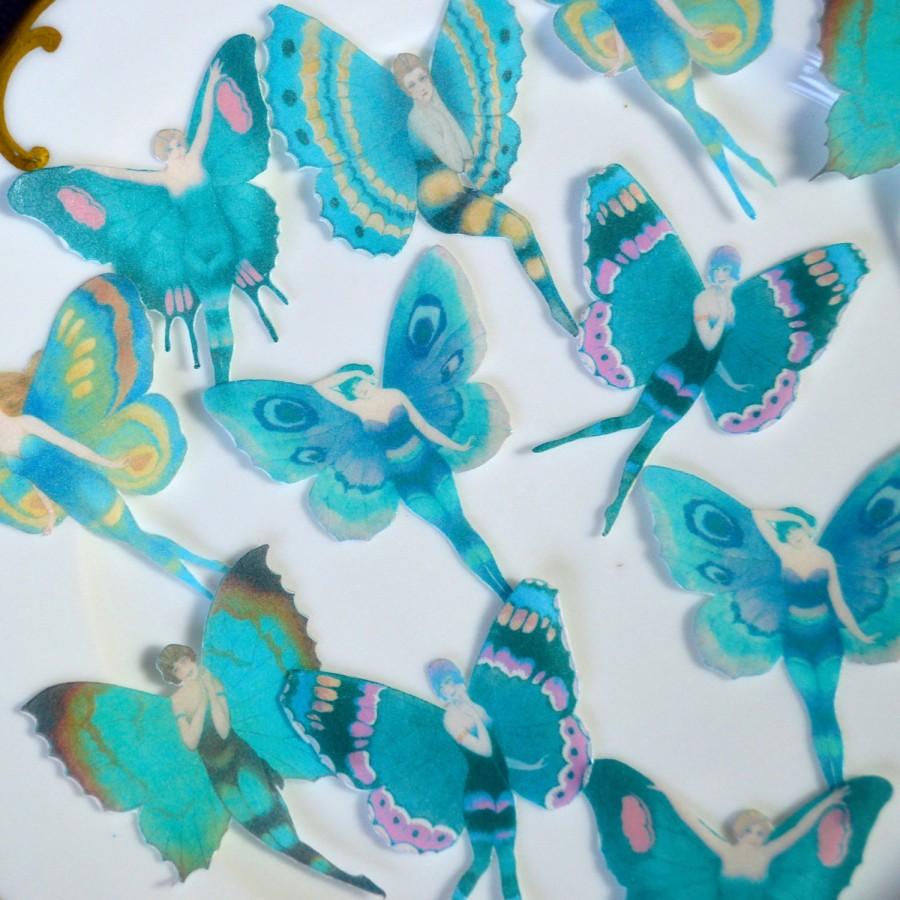 Wedding - Edible Turquoise Flapper Butterfly Fairies Teal Blue Aqua Fairy Butterflies Wafer Paper Birthday Cake Decorations Cupcake Cookie Toppers Fae