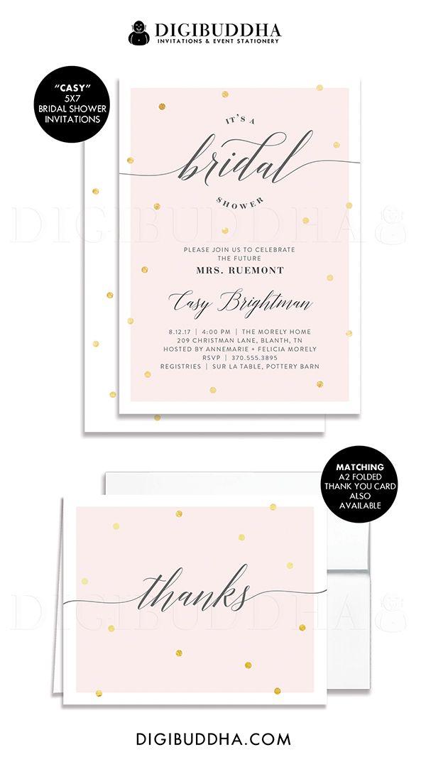 Hochzeit - Blush Pink Bridal Shower Invitation Gold Dots Modern Calligraphy Lettering Faux Foil Wedding FREE PRIORITY SHIPPING Or DiY Printable- Casy