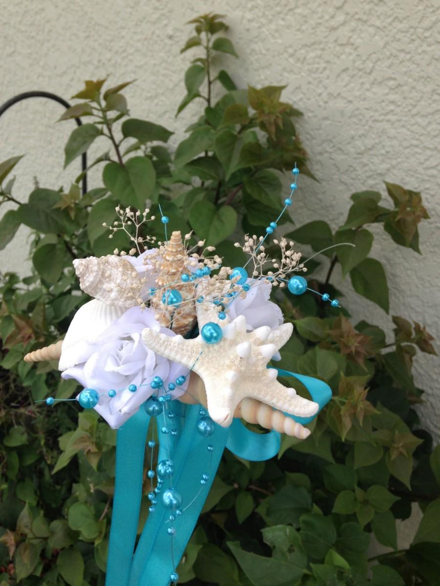 Свадьба - Beach Wedding Seashell Wand Bouquet for Bride Bridesmaids or Flowergirl
