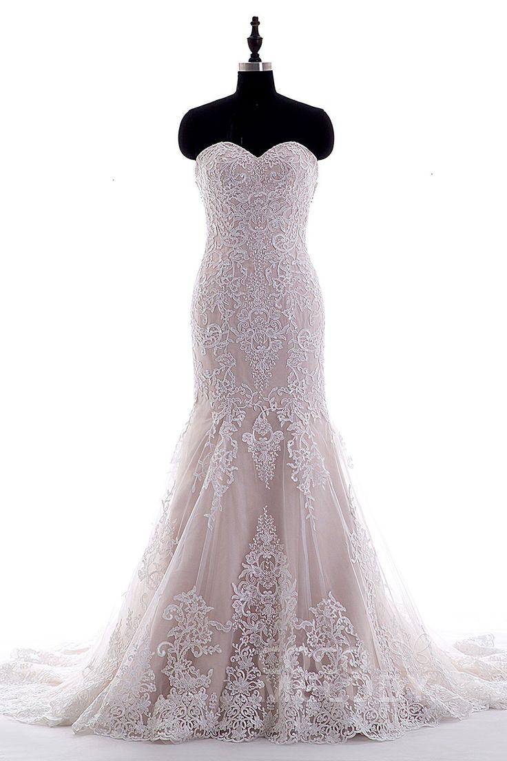 Mariage - Charming Trumpet-Mermaid Sweetheart Natural Court Train Tulle And Lace Ivory/Veiled Rose Sleeveless Wedding Dress With Appliques LD3906