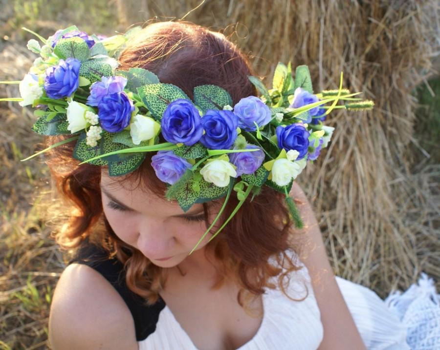 Mariage - Blue Flower Crown Rustic Wedding Floral Headband Garland Flower Wedding Bridal Hairband Festival Boho Hippy Beach Blue Ivory Wedding Autumn