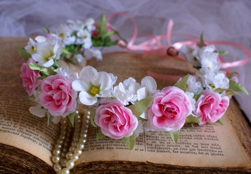 Hochzeit - Pink Floral Crown Rose Crown Headband Wedding Head Wreath Pink Rose Cherry Blossoms Sakura Flower Girl Bride Bridesmaid Summer Wedding