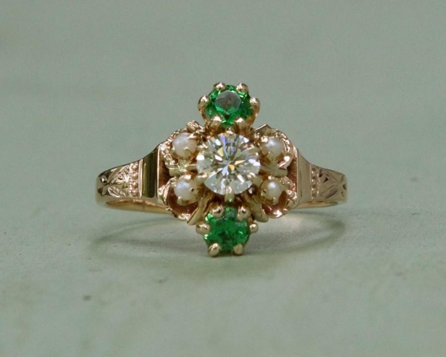 زفاف - Antique Victorian 12K Rose Gold Engagement Ring - Diamond Pearl & Tsavorite Garnet w/ engraved band and open filigree style head-Size 7 1/4