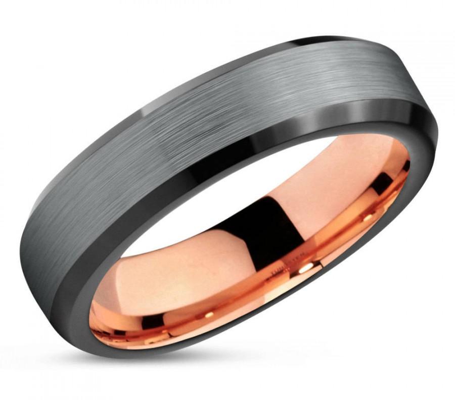 Wedding - Brushed Silver Black Tungsten Ring Rose Gold Wedding Band Ring Tungsten Carbide 4mm 18K Tungsten Ring Man Male Women Anniversary Matching