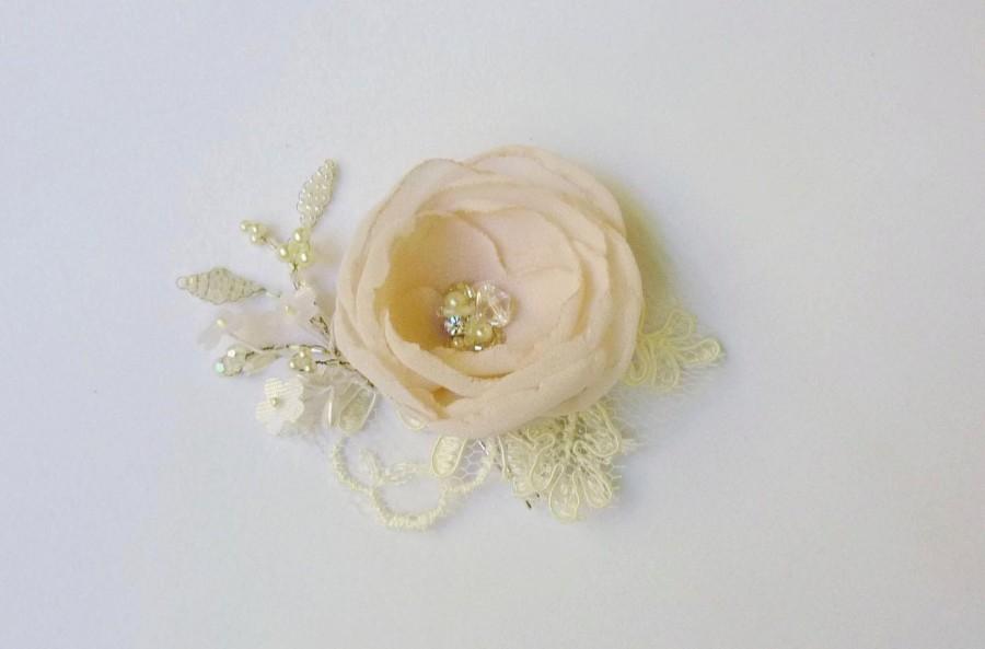 Wedding - Chiffon hair flower with pearls and beads, hair flower, hair accessories, floral lace headpiece, Blush and ivory, wedding hair flower