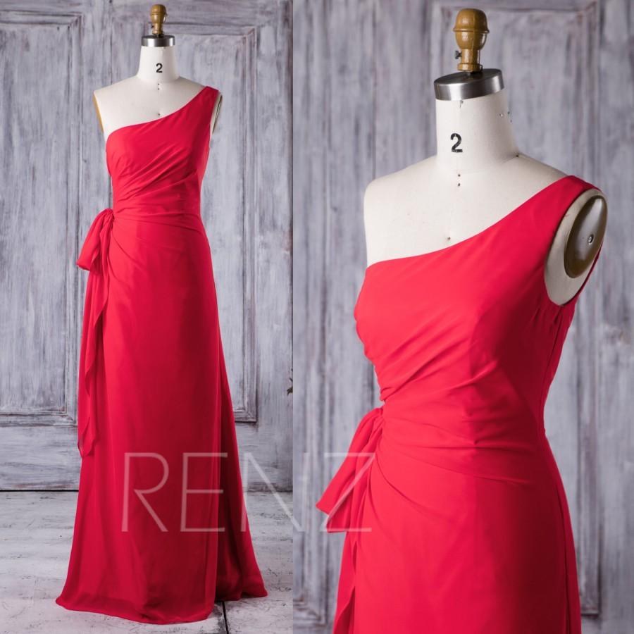 زفاف - 2017 Red Chiffon Bridesmaid Dress, One Shoulder Wedding Dress, Slim Prom Dress, Long Evening Dress, Maxi Dress Floor Length (X029)