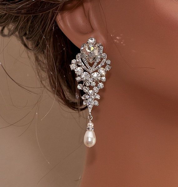 Hochzeit - ARIANA - Rhinestone And Swarovski Pearl Bridal Earrings