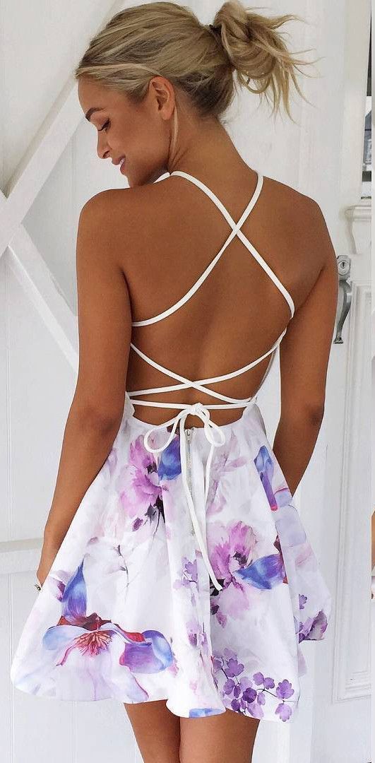 Wedding - Strap Backless Print Sleeveless Short Dress