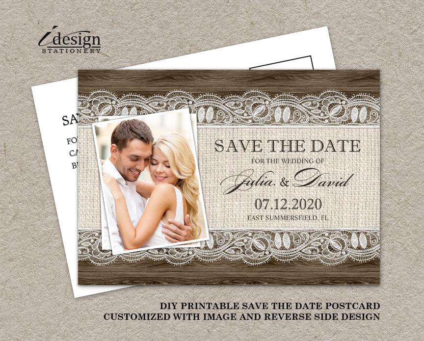 زفاف - DIY Printable Rustic Save The Date Postcards, Photo Wedding Save The Dates With Burlap And Lace