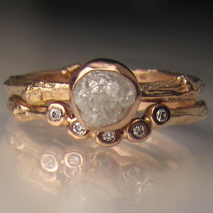 زفاف - Raw Diamond Engagement Ring, 14k Rose Gold Diamond Twig Ring, Raw Wedding Set, Twig Engagement Ring