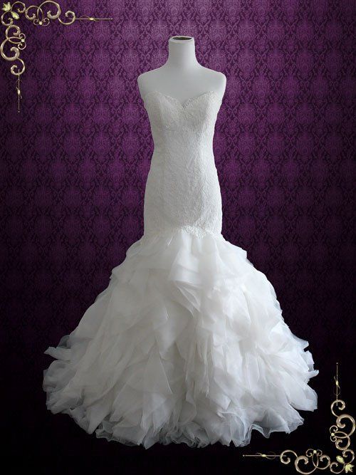 Свадьба - Strapless Lace Mermaid Wedding Dress With Organza Ruffle Skirt 