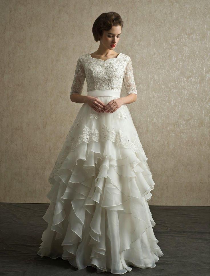Wedding - Half Sleeves Wedding Dresses 2015 New Arrival Modest Wedding Gowns With Sleeves Lace Organza Floor Length Beach Bridal Dresses Full Back Simple Lace Wedding Dresses The Best Wedding Dresses From Dreampromdress, $139.3
