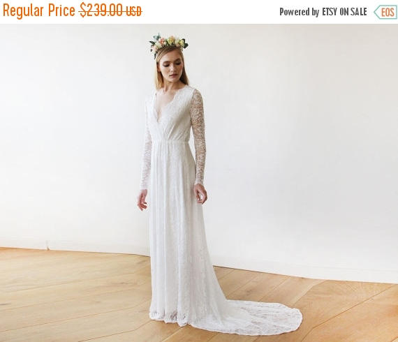 Mariage - Cannes Fest Sale Ivory Wrap Floral Lace Long Sleeve Gown with a Train 1151