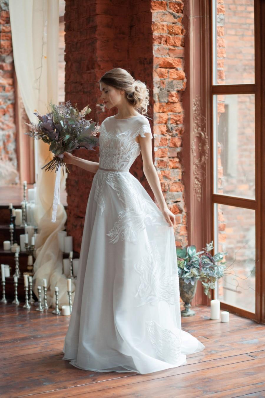 Wedding - Lora / A-line wedding dress / Boned / Open back wedding dress / Covered shoulders / Short train