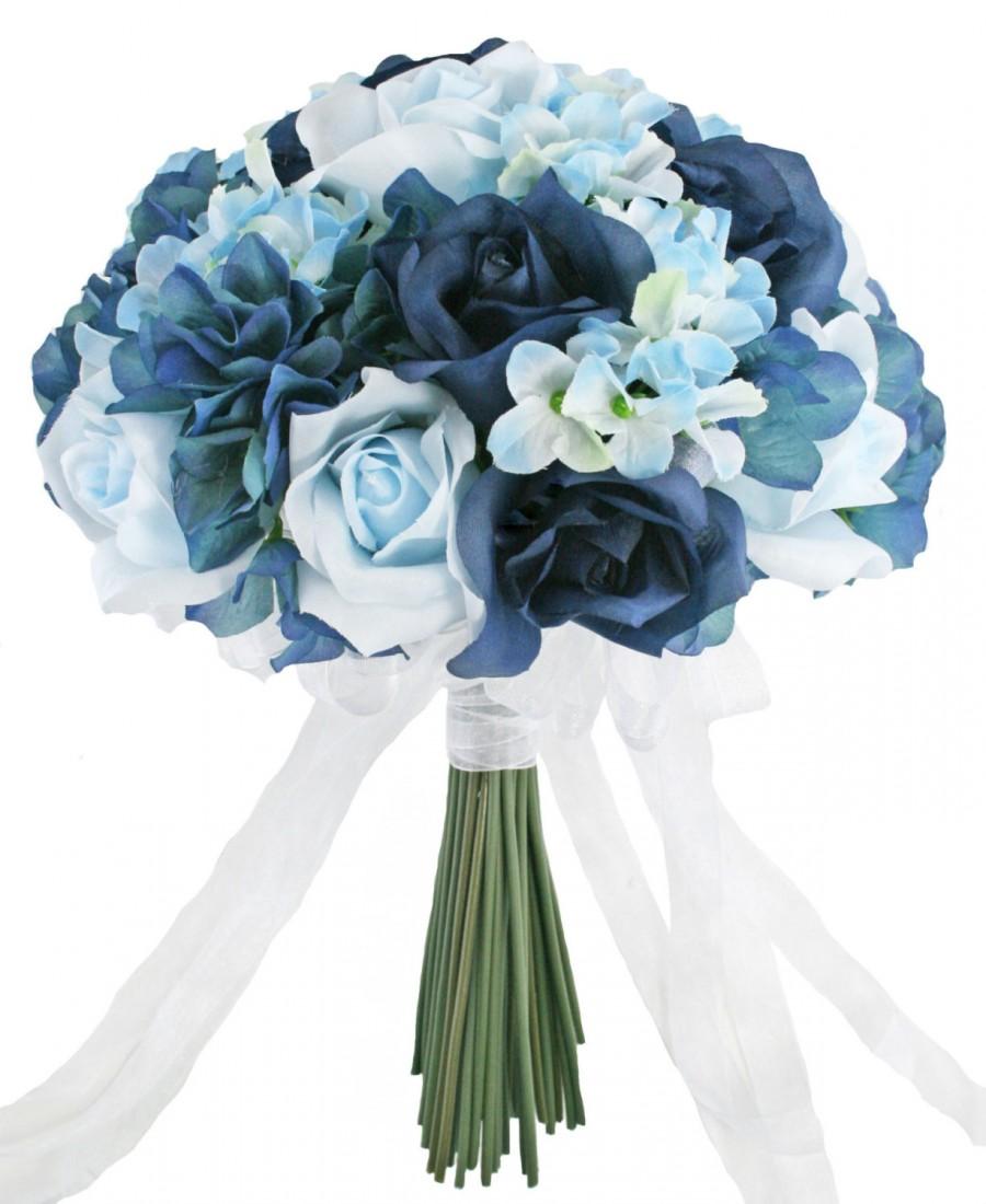 Hochzeit - Hydrangea Rose Navy Light Beach Blue Hand Tie Medium - Silk Bridal Wedding Bouquet