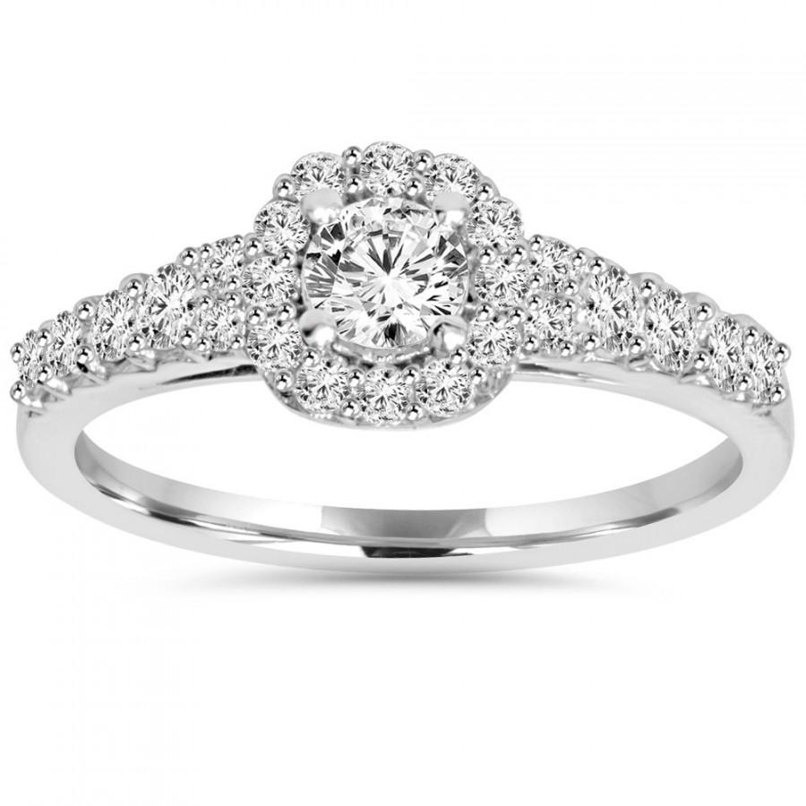 Hochzeit - 3/4CT Diamond Cushion Halo Engagement Ring 14K White Gold Size 4-9