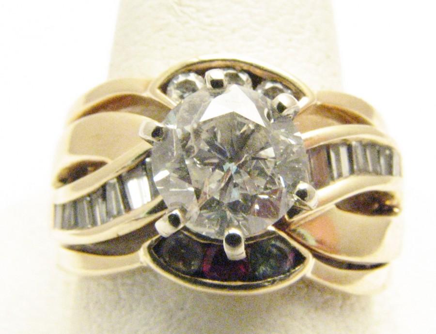 Wedding - Vintage 1ct+ Diamond 14 kt gold Ring, 1 ct+ G VS1 center diamond, with diamond and ruby accent stones