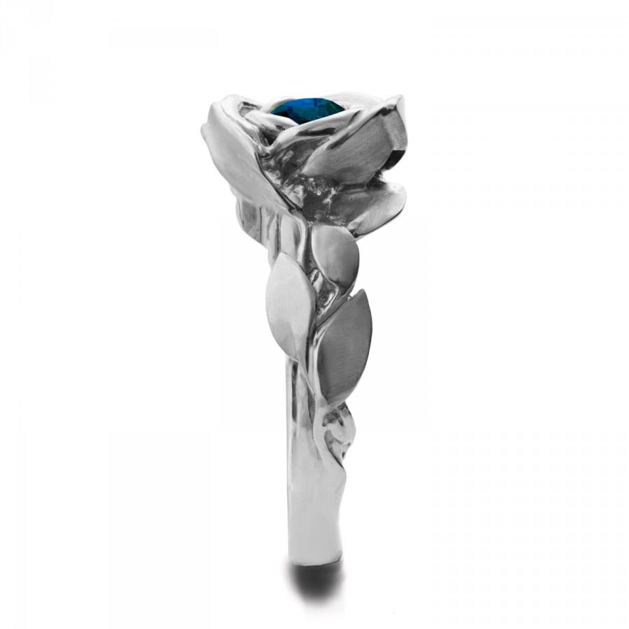 زفاف - Rose Engagement Ring - 18K White Gold and Sapphire engagement ring, unique engagement ring, leaf ring, September Birthstone, Blue Sapphire,1